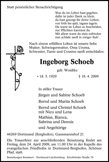 Traueranzeige von Ingeborg Schoeb von Tageszeitung