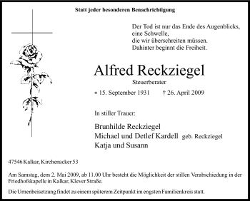 Traueranzeige von Alfred Reckziegel von Tageszeitung