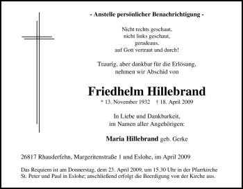 Traueranzeige von Friedhelm Hillebrand von Tageszeitung