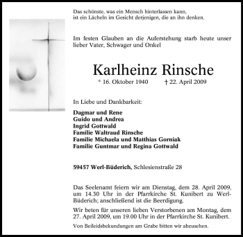 Traueranzeige von Karlheinz Rinsche von Tageszeitung