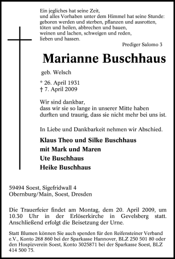 Traueranzeige von Marianne Buschhaus von Tageszeitung