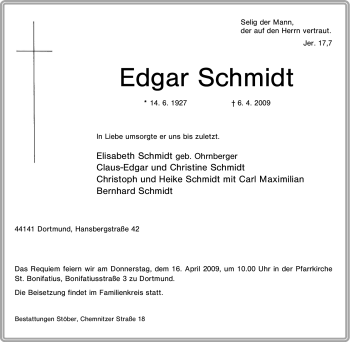Traueranzeige von Edgar Schmidt von Tageszeitung