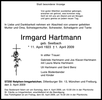 Traueranzeige von Irmgard Hartmann von Tageszeitung