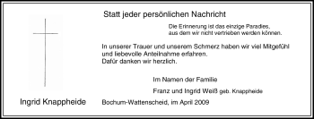 Traueranzeige von Ingrid Knappheide von Tageszeitung