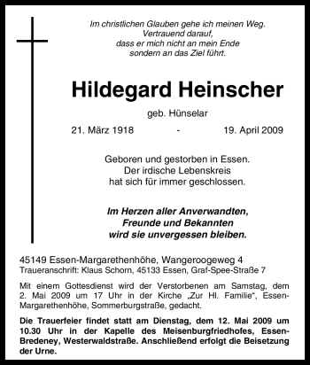 Traueranzeige von Hildegard Heinscher von Tageszeitung