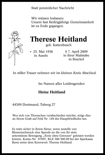 Traueranzeige von Therese Heitland von Tageszeitung