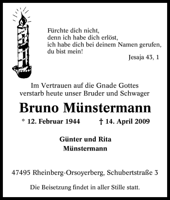 Traueranzeige von Bruno Münstermann von Tageszeitung