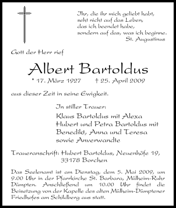 Traueranzeige von Albert Bartoldus von Tageszeitung