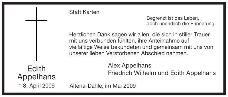  Traueranzeige für Edith Appelhans vom 09.05.2009 aus Tageszeitung