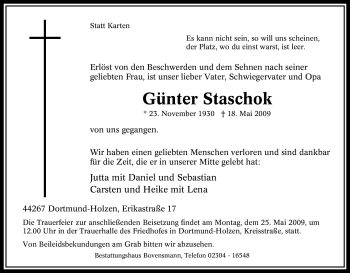 Traueranzeige von Günter Staschok von Tageszeitung