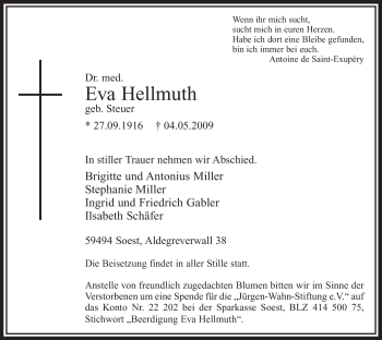 Traueranzeige von Eva Hellmuth von Tageszeitung