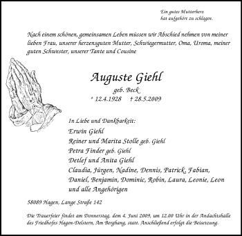 Traueranzeige von Auguste Giehl von Tageszeitung