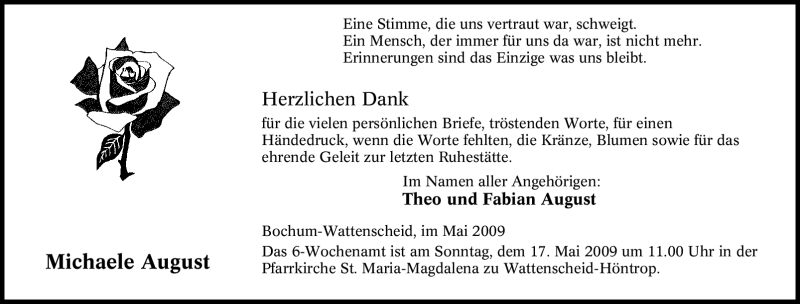  Traueranzeige für Michaele August vom 09.05.2009 aus Tageszeitung