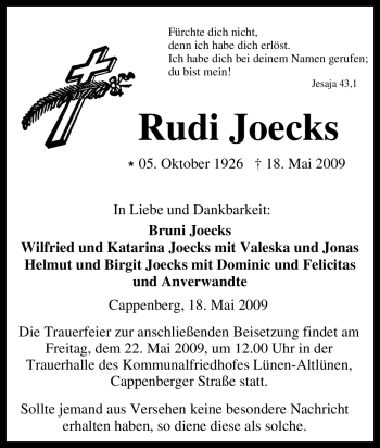 Traueranzeige von Rudi Joecks von Tageszeitung
