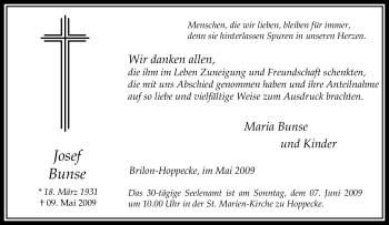 Traueranzeige von Josef Bunse von Tageszeitung