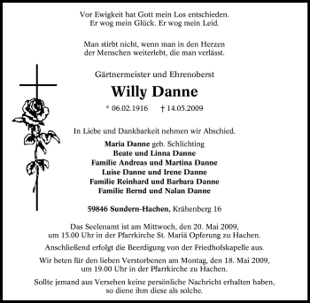 Traueranzeige von Willy Danne von Tageszeitung