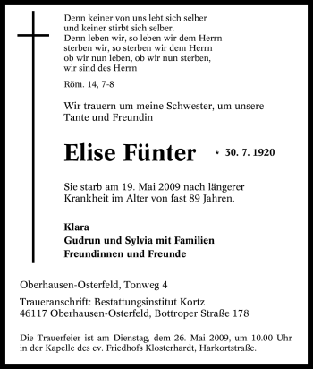 Traueranzeige von Elise Fünter von Tageszeitung
