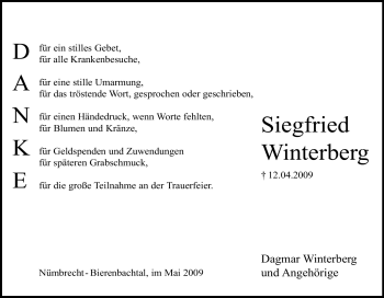 Traueranzeige von Siegfried Winterberg von Tageszeitung