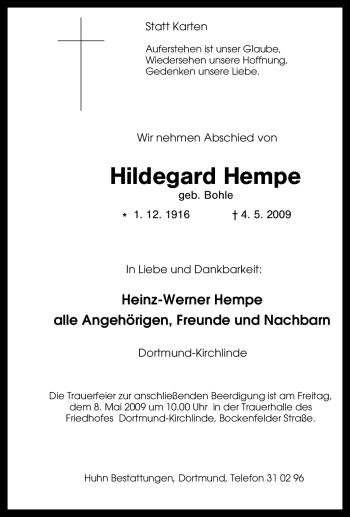 Traueranzeige von Hildegard Hempe von Tageszeitung