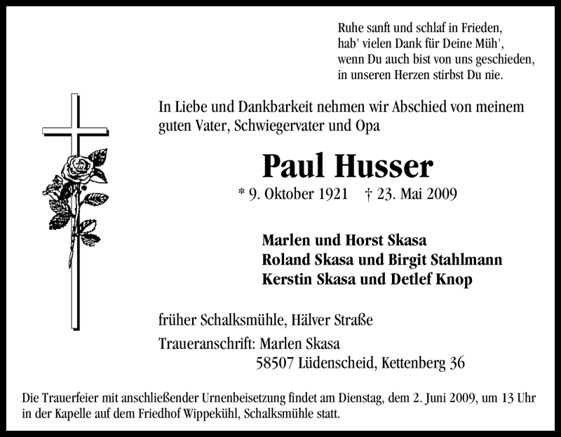  Traueranzeige für Paul Husser vom 28.05.2009 aus Tageszeitung