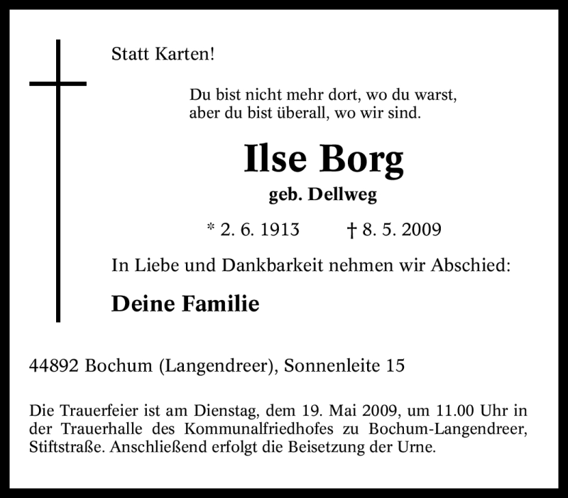  Traueranzeige für Ilse Borg vom 13.05.2009 aus Tageszeitung