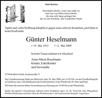 Traueranzeige von Günter Heselmann von Tageszeitung
