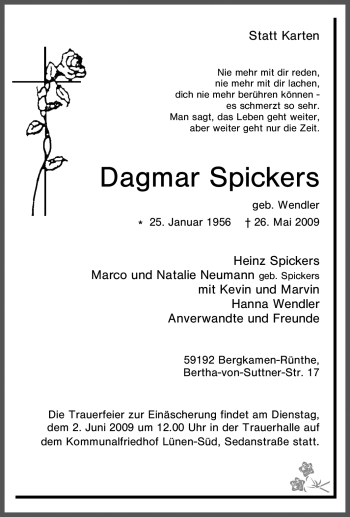 Traueranzeige von Dagmar Spickers von Tageszeitung