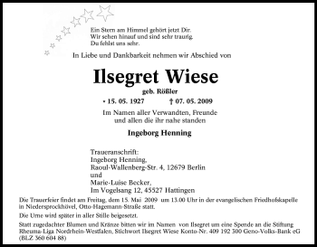 Traueranzeige von Ilsegret Wiese von Tageszeitung