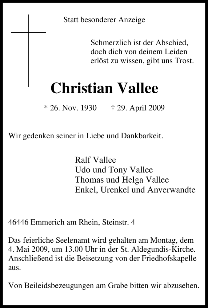  Traueranzeige für Christian Vallee vom 02.05.2009 aus Tageszeitung