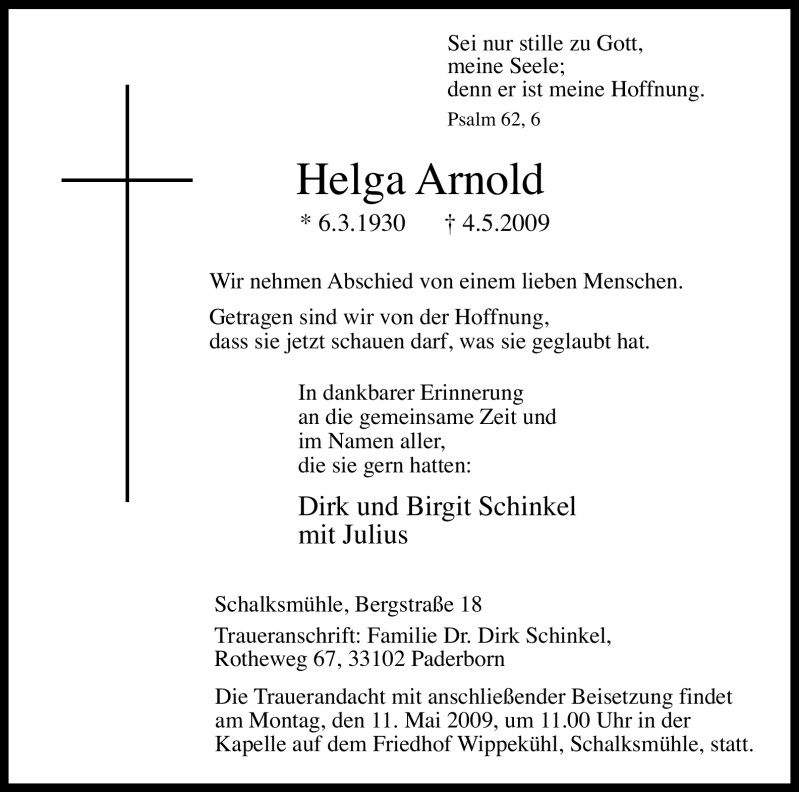  Traueranzeige für Helga Arnold vom 08.05.2009 aus Tageszeitung