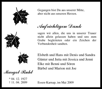 Traueranzeige von Margot Ruhl von Tageszeitung