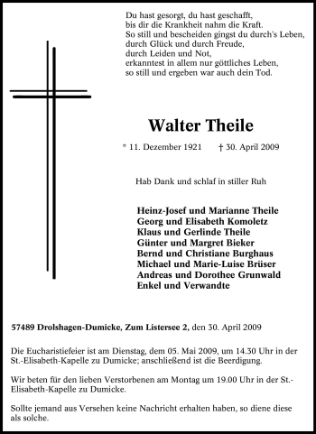 Traueranzeige von Walter Theile von Tageszeitung
