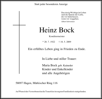 Traueranzeige von Heinz Bock von Tageszeitung