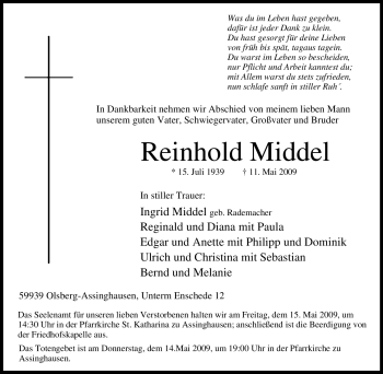 Traueranzeige von Reinhold Middel von Tageszeitung