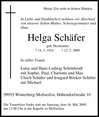 Traueranzeige von Helga Schäfer von Tageszeitung