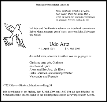 Traueranzeige von Udo Artz von Tageszeitung