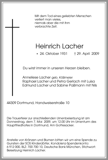 Traueranzeige von Heinrich Lacher von Tageszeitung