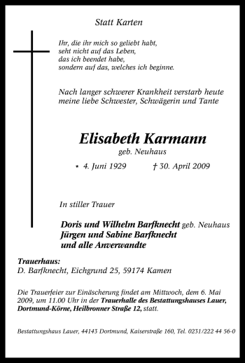 Traueranzeige von Elisabeth Karmann von Tageszeitung