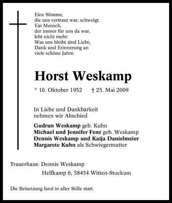 Traueranzeige von Horst Weskamp von Tageszeitung