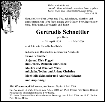 Traueranzeige von Gertrudis Schnettler von Tageszeitung