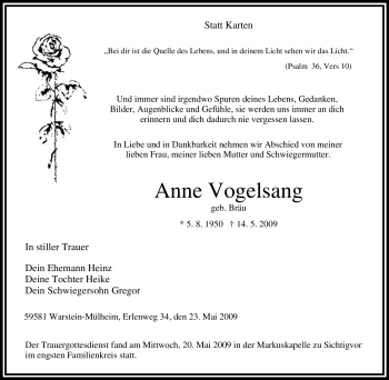 Traueranzeige von Anne Vogelsang von Tageszeitung