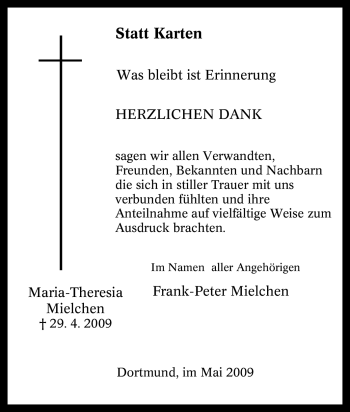 Traueranzeige von Maria-Theresia Mielchen von Tageszeitung