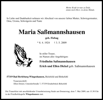 Traueranzeige von Maria Saßmannshausen von Tageszeitung