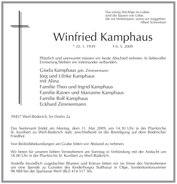 Traueranzeige von Winfried Kamphaus von Tageszeitung