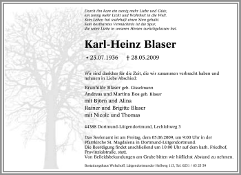 Traueranzeige von Karl-Heinz Blaser von Tageszeitung