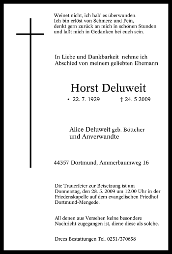 Traueranzeige von Horst Deluweit von Tageszeitung