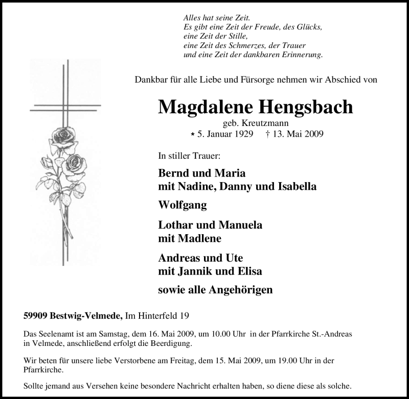  Traueranzeige für Magdalene Hengsbach vom 14.05.2009 aus Tageszeitung