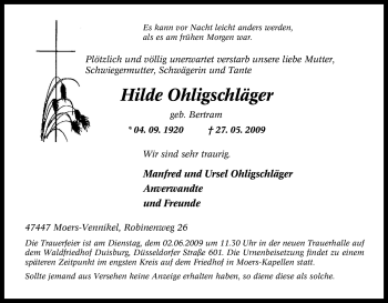 Traueranzeige von Hilde Ohligschläger von Tageszeitung