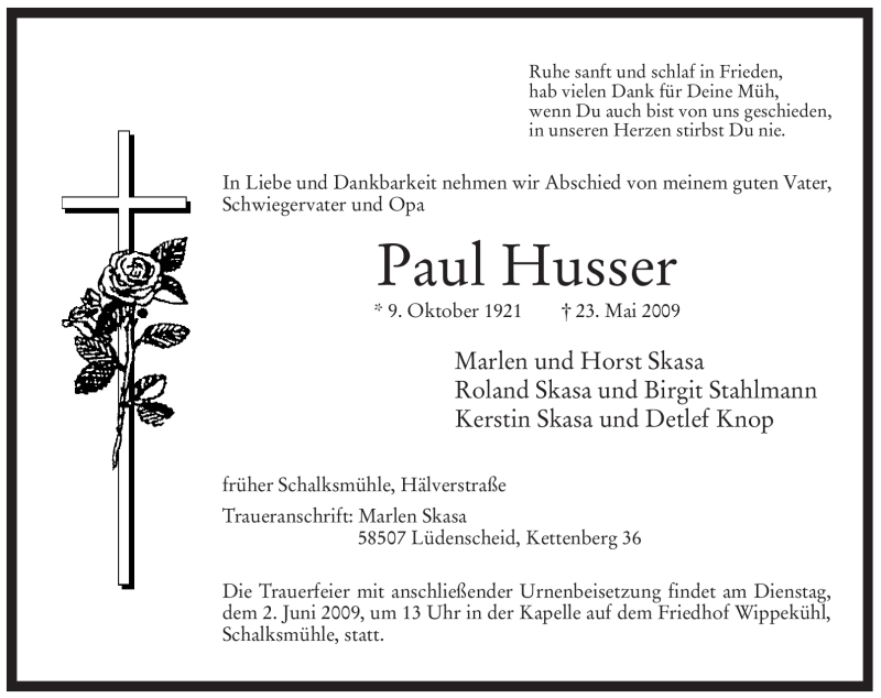  Traueranzeige für Paul Husser vom 28.05.2009 aus Tageszeitung