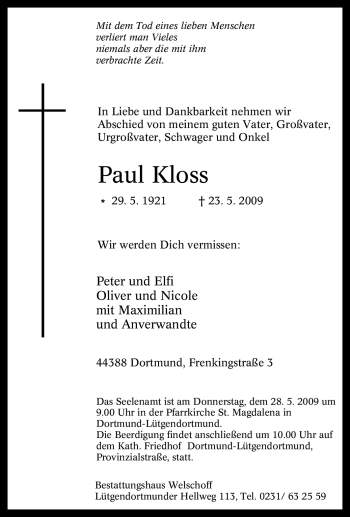 Traueranzeige von Paul Kloss von Tageszeitung